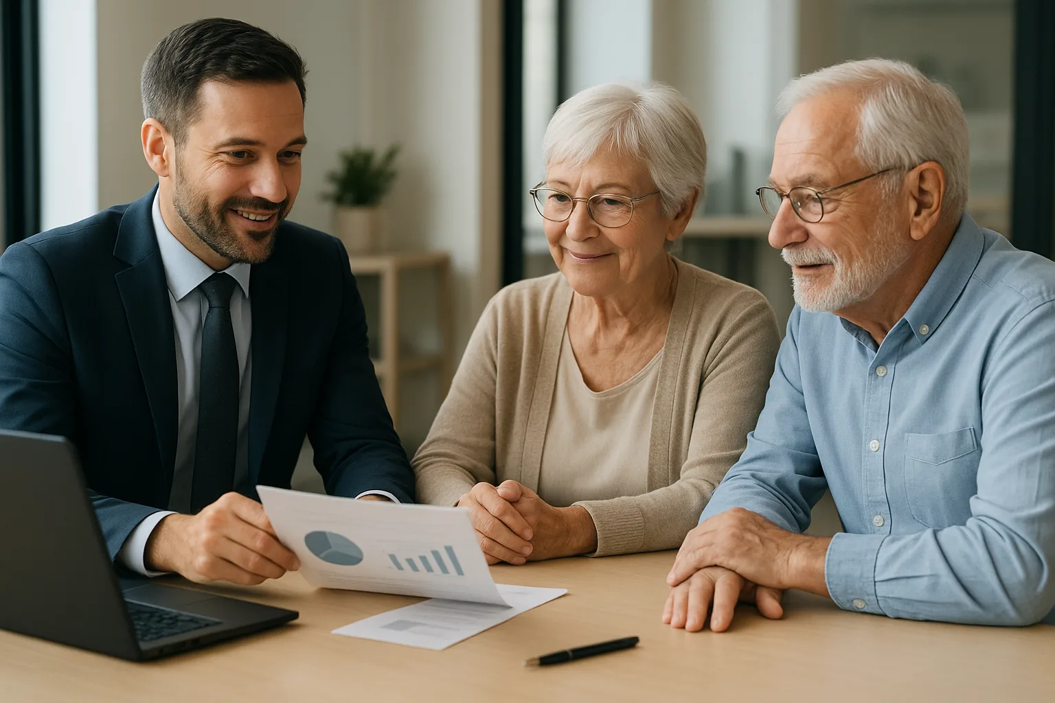 금융 전문가와 시니어 부부가 테이블에 앉아 자산 배분 포트폴리오를 상담하는 모습