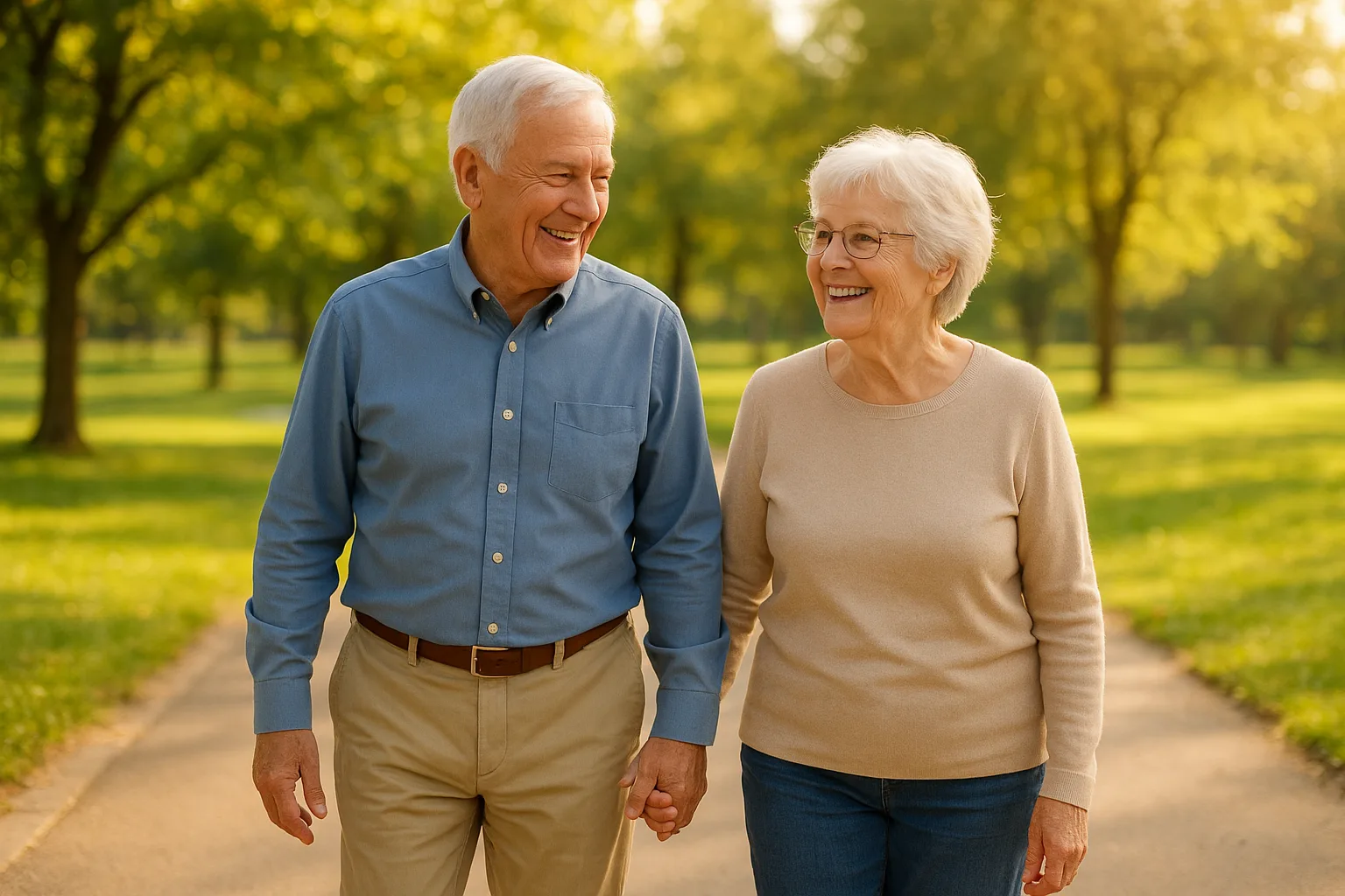 IRP 절세와 연금 수령 계획을 통해 안정적인 노후를 맞이한 노부부가 공원을 산책하는 평화로운 모습