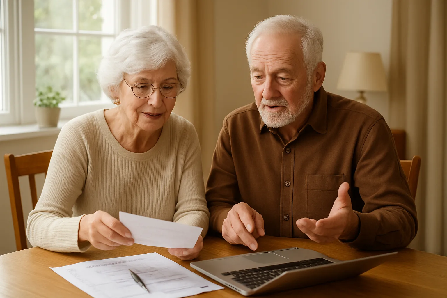 노트북을 활용해 부부 가구의 예상 수령액을 함께 확인하며 예산을 계획하는 노부부의 모습.