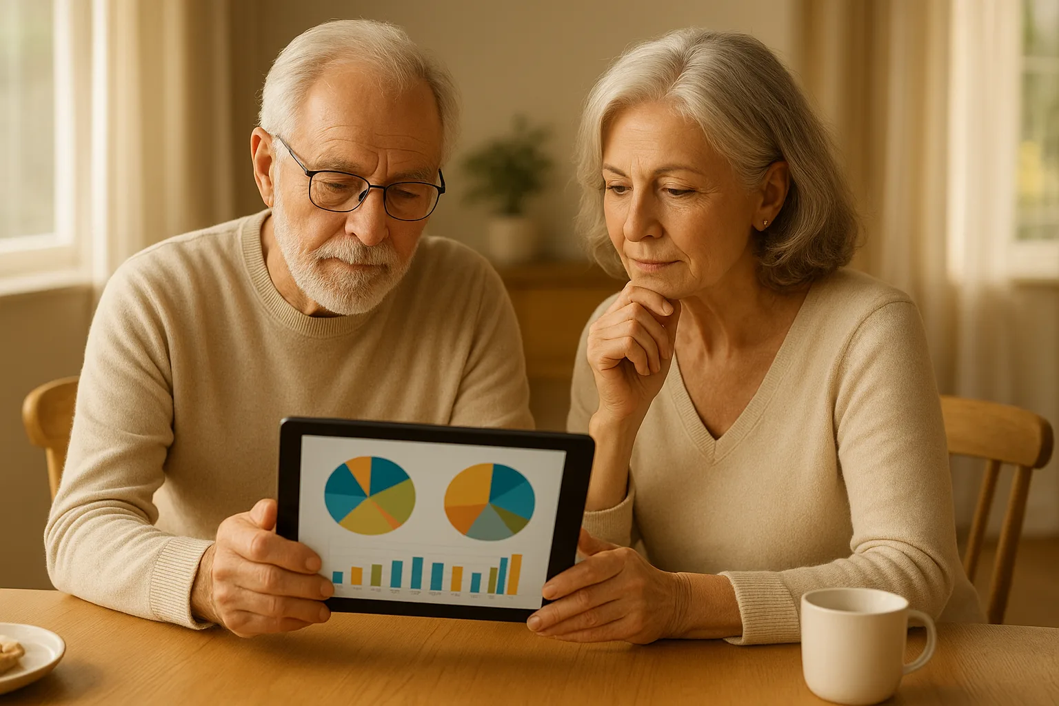 은퇴 후 노후 자금 계획을 세우며 미소 짓고 있는 시니어 부부
