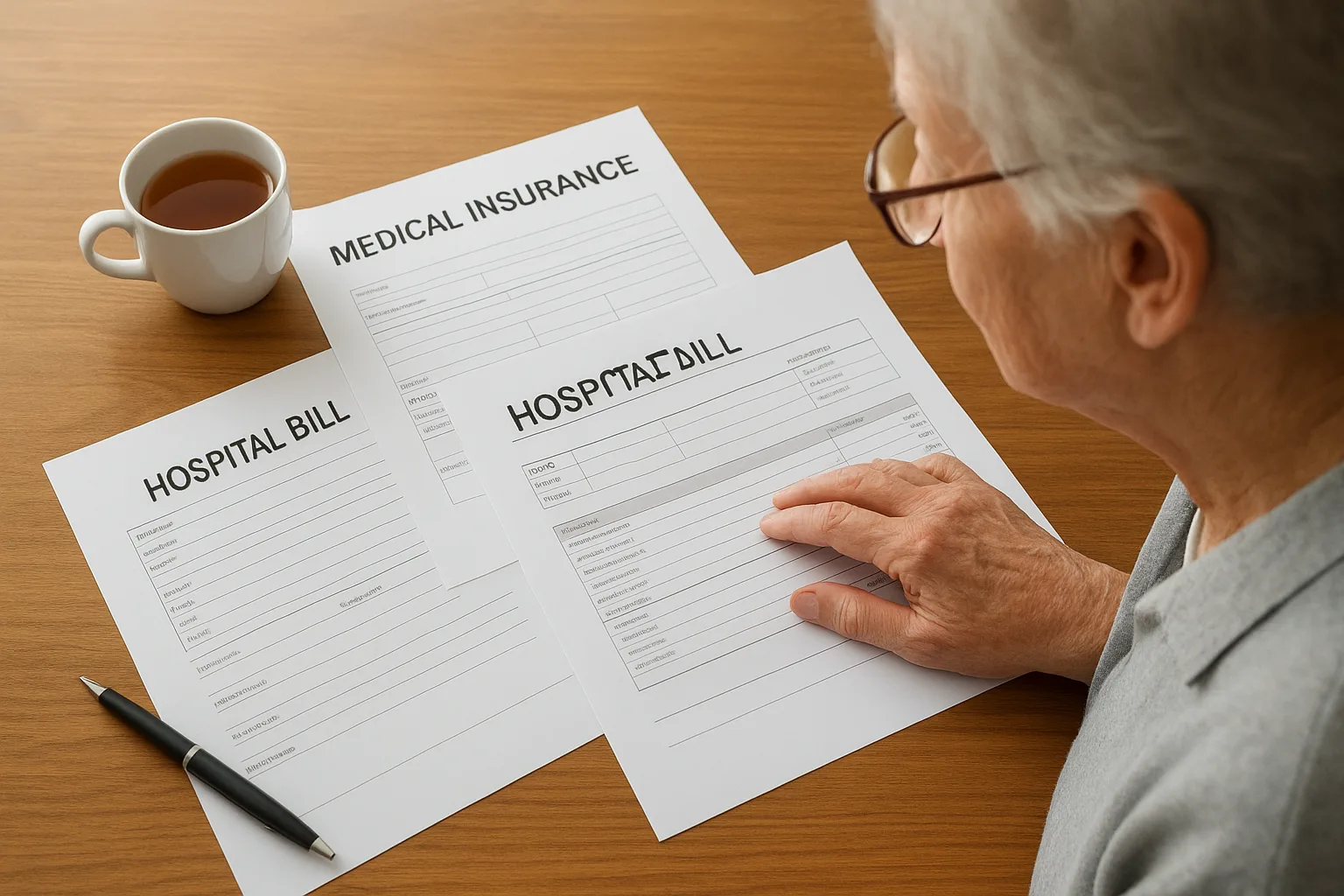 시니어가 돋보기를 쓰고 테이블 위에서 건강보험 적용 안내서와 병원 진료비 영수증을 꼼꼼히 확인하는 모습