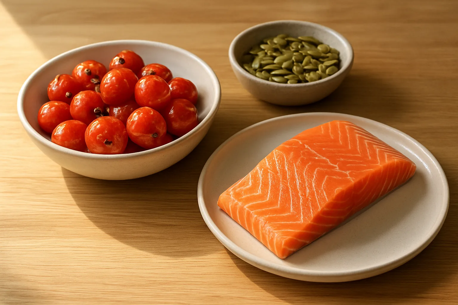 익힌 토마토, 호박씨, 신선한 연어 등 전립선과 방광 건강에 도움을 주는 식재료가 정갈하게 놓인 탁자입니다.