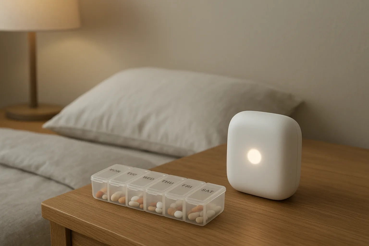 어르신의 침실 침대 옆 탁자에 단정하게 놓인 스마트 돌봄 기기와 일일 약통