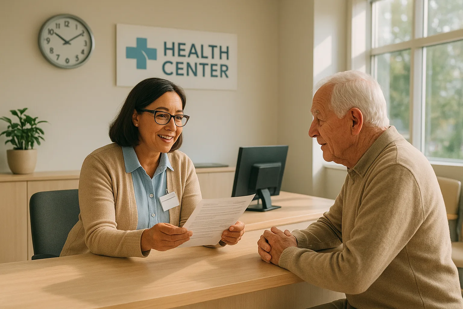 치매안심센터 안내 데스크에서 어르신이 직원에게 친절한 안내를 받고 있는 상황