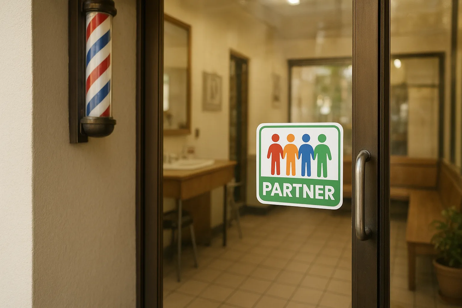 어르신 복지 바우처 사용 가능 상점을 알리는 표시가 유리문에 부착된 모습입니다.