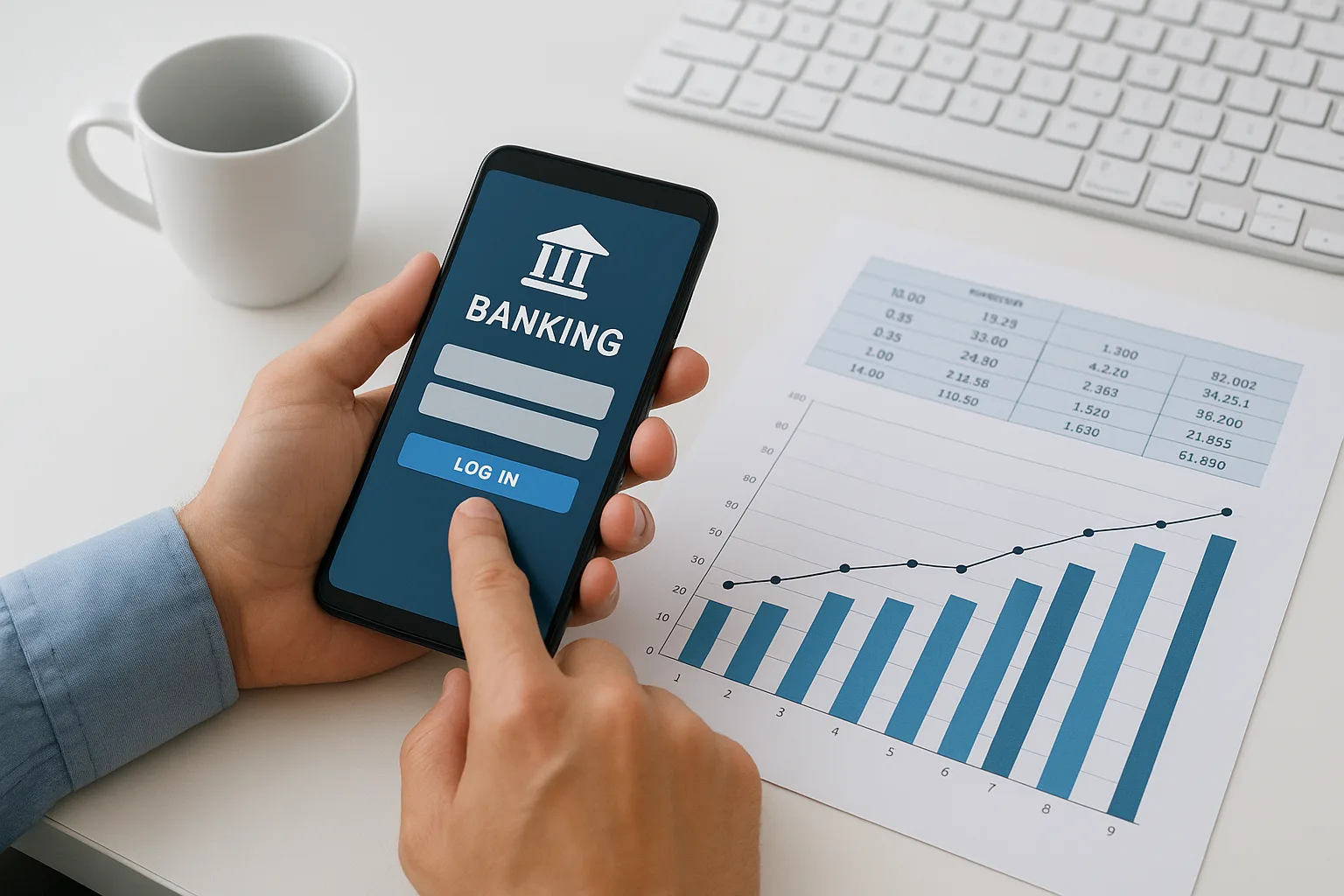 스마트폰 뱅킹 앱과 이자율 계산이 띄워진 화면을 통해 금전 거래를 관리하는 모습