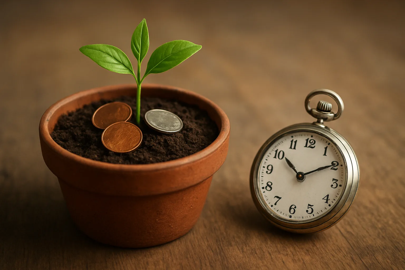 작은 화분에 동전이 쌓여 있고 그 옆에 회중시계가 놓여 있는 모습