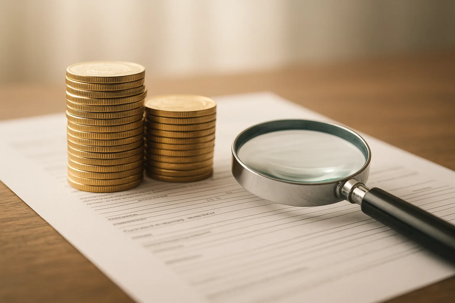 잘 정돈된 동전 더미와 금융 계약서 위에 놓인 돋보기의 모습입니다.