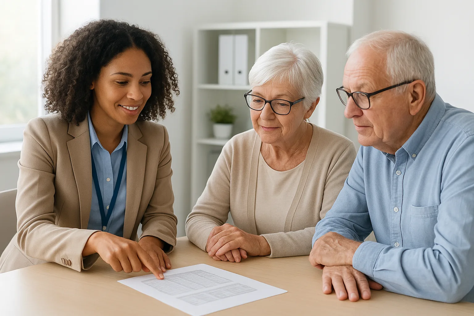 복지 전문가가 어르신과 보호자에게 본인부담금 감경 제도와 요양 비용을 설명하는 상황
