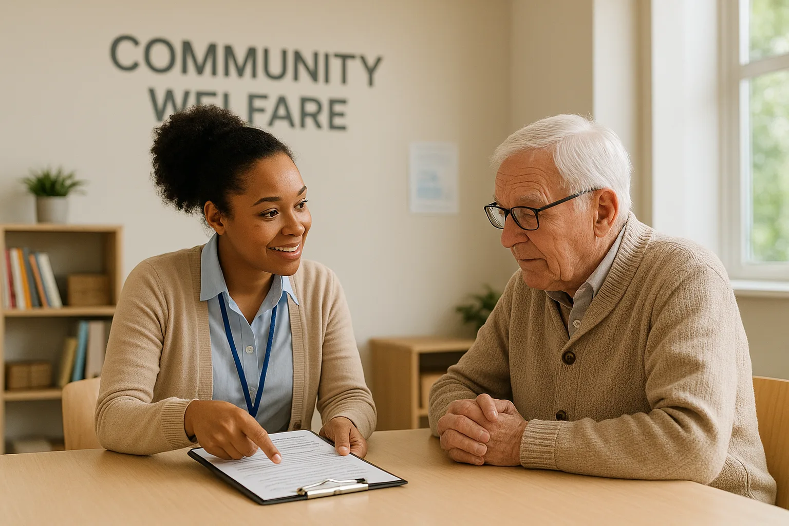 지역 행정복지센터에서 사회복지사가 시니어에게 서비스 신청 서류를 친절하게 안내하는 모습입니다.