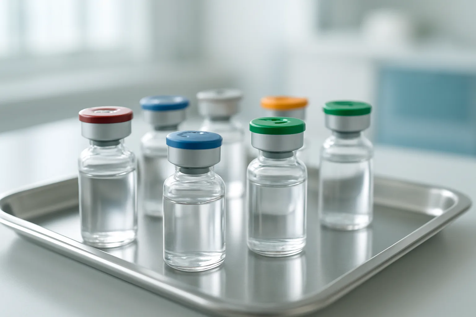 의료용 트레이 위에 놓인 뚜껑 색상이 다른 여러 종류의 백신 바이알들이 정렬된 모습