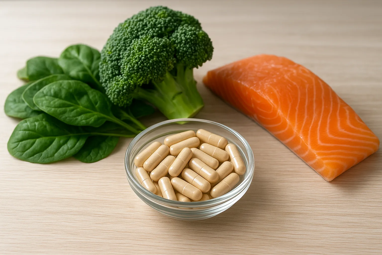 눈 건강을 돕는 영양제와 등푸른생선, 녹황색 채소가 깔끔하게 놓인 식탁입니다.