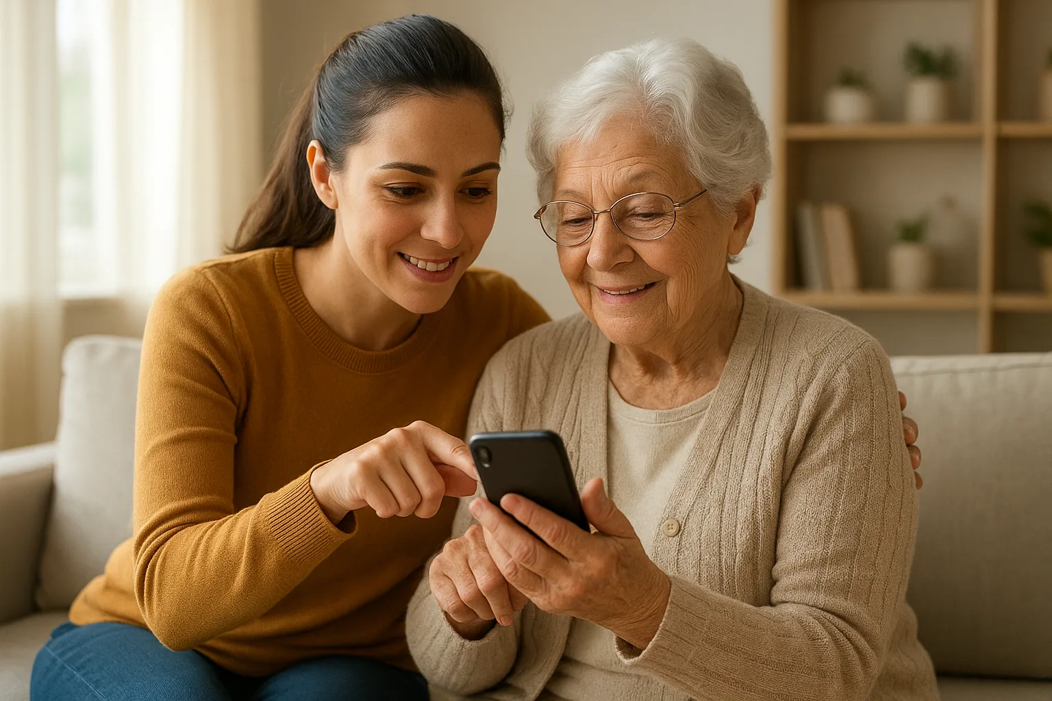 자택 거실에 방문한 디지털 서포터즈가 어르신과 나란히 앉아 스마트폰 화면을 함께 보며 1대1 맞춤형 교육을 진행하고 있습니다.
