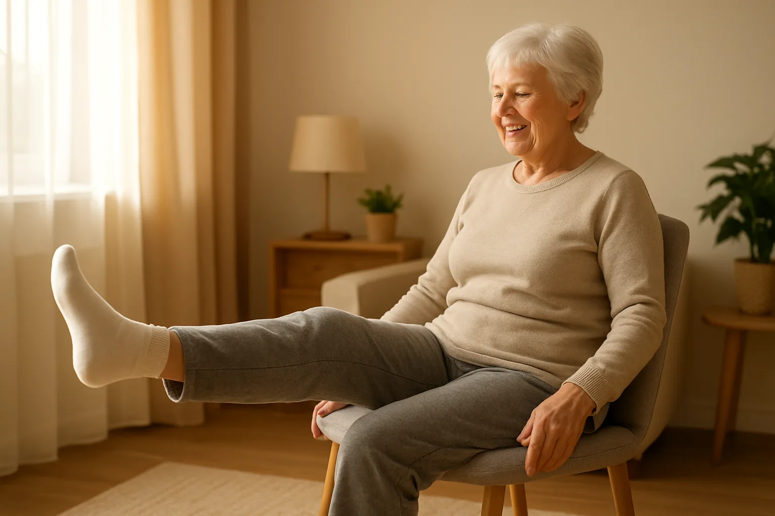중장년층 환자가 의자에 앉아 다리를 뻗으며 무릎에 부담을 주지 않는 대퇴사두근 강화 운동을 실시하는 모습입니다.
