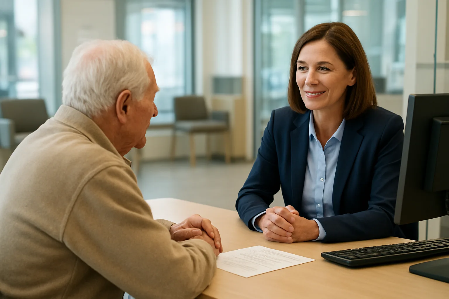 중도인출 대신 연금저축 담보대출을 상담하는 시니어와 은행원