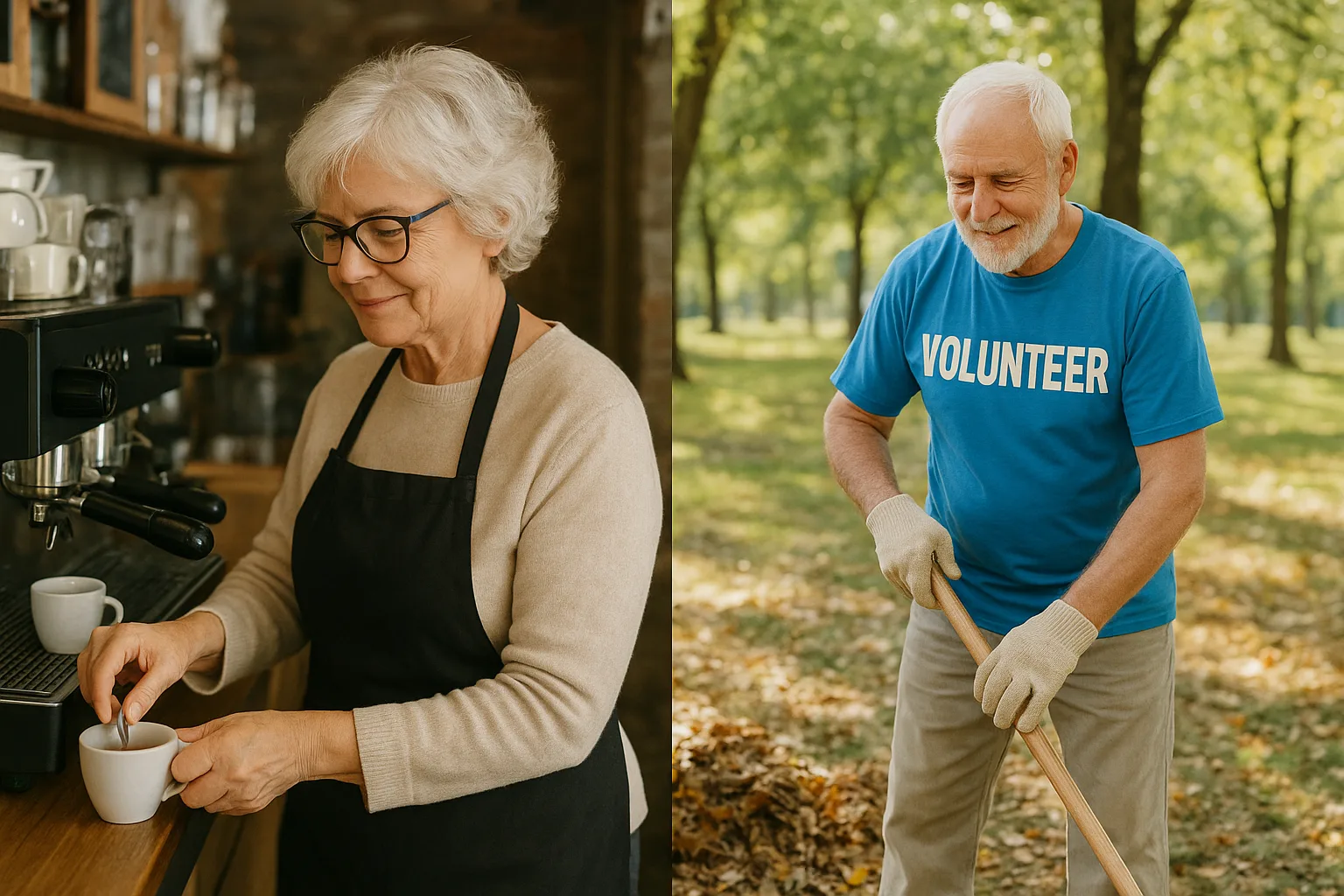 카페나 지역 시설 등 서로 다른 환경에서 밝은 표정으로 근무 중인 노인들의 모습입니다.