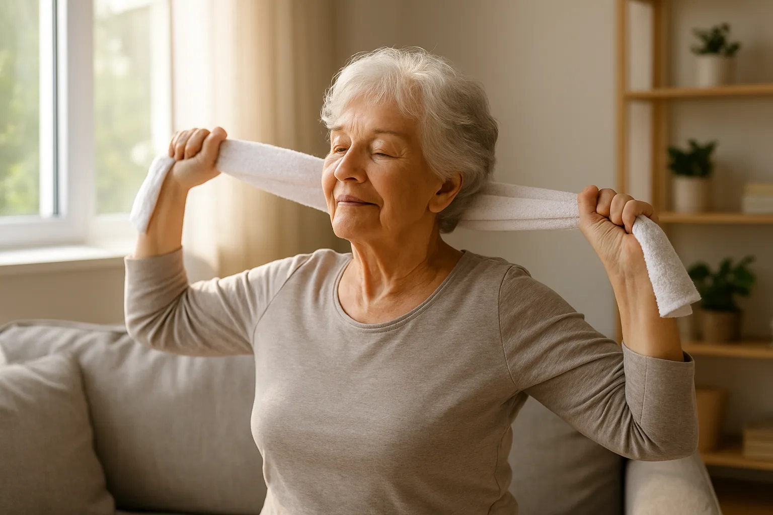 가정에서 시니어 여성이 수건을 활용해 부드럽게 어깨 스트레칭을 하며 통증을 완화하는 모습입니다.