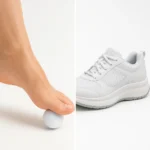 발바닥 아래에 놓인 골프공과 인체공학적인 쿠션 신발을 함께 배치하여 발 건강 관리 방법을 직관적으로 보여줍니다.