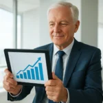 태블릿으로 금융 자산을 확인하며 안정적인 포트폴리오에 미소 짓는 시니어의 모습