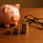 은퇴 후 재무 설계와 기초연금 준비를 상징하는 단정한 책상 위 동전과 안경의 모습.