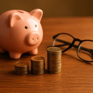 은퇴 후 재무 설계와 기초연금 준비를 상징하는 단정한 책상 위 동전과 안경의 모습.