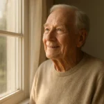 시력이 회복된 후 맑은 창밖을 편안하고 밝은 표정으로 바라보는 어르신의 모습