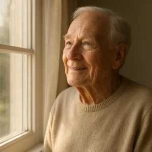 시력이 회복된 후 맑은 창밖을 편안하고 밝은 표정으로 바라보는 어르신의 모습