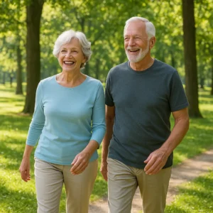 밝은 햇살이 비추는 숲속 공원에서 활기차게 산책을 즐기는 건강한 시니어 부부의 모습입니다.