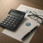 은퇴 재무 계획 서류와 계산기가 정돈된 깔끔한 책상의 모습