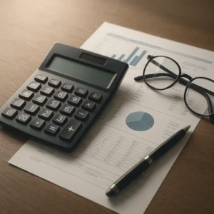 은퇴 재무 계획 서류와 계산기가 정돈된 깔끔한 책상의 모습