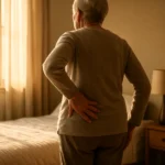 아침 햇살이 비치는 침실에서 시니어가 허리를 가볍게 짚으며 건강한 하루를 준비하는 모습입니다.