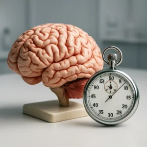 뇌 건강과 응급 대처의 골든타임을 직관적으로 상징하는 시계와 뇌 모형입니다.