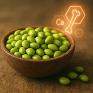 2026 최신: 콩 속 칼슘과 마그네슘이 중년 뼈 건강에 미치는 영향 건강한 뼈 구조의 상징과 신선한 콩이 어우러져 중년 뼈 건강에 필요한 영양소의 중요성을 보여주는 자료입니다.