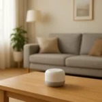 햇살이 들어오는 거실 나무 테이블 위에 깔끔하게 놓여 있는 소형 스마트 돌봄 기기