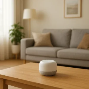햇살이 들어오는 거실 나무 테이블 위에 깔끔하게 놓여 있는 소형 스마트 돌봄 기기