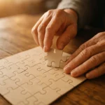 따뜻한 햇살 아래 어르신이 돋보기를 옆에 두고 나무 퍼즐 조각을 맞추고 있는 모습