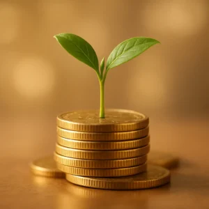 겹겹이 쌓인 동전 위로 자라나는 새싹을 통해 노후 자산의 안정적인 성장을 표현한 이미지