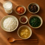 따뜻한 나무 식탁 위에 영양가 높은 한 끼 식사와 신선한 우유 한 잔이 정갈하게 차려져 있는 모습입니다.