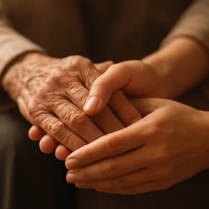 따뜻한 손길로 어르신의 손을 감싸 쥐고 있는 모습으로 노인 복지를 상징합니다.