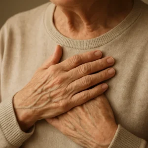 가슴 부위에 손을 얹고 건강 상태를 주의 깊게 살피는 시니어의 모습