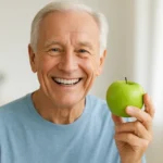 튼튼한 치아와 건강한 식습관을 상징하는 풋사과를 들고 활기차게 웃는 고령자의 모습입니다.