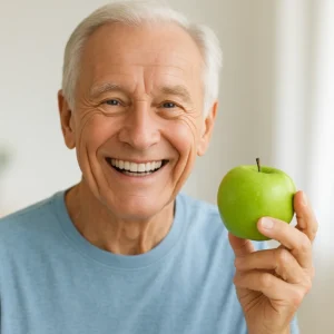 튼튼한 치아와 건강한 식습관을 상징하는 풋사과를 들고 활기차게 웃는 고령자의 모습입니다.