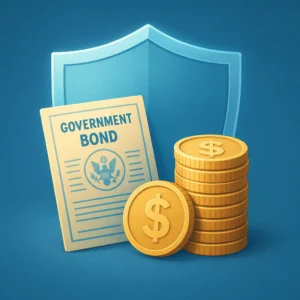 2026년 시니어 투자 포트폴리오 전략: 변동성 줄이는 미국 배당주 ETF와 안정적인 국채 투자 비중 시니어의 안정적인 노후 자금을 상징하는 방패와 금융 자산의 모습입니다.