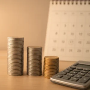연금저축·IRP 수령 시 세금 아끼는 법 (2027년 절세 전략) 은퇴 이후의 안정적인 자산 관리를 보여주듯 동전 탑과 돋보기 달력이 놓여 있는 모습