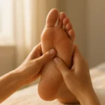 아침 발뒤꿈치 통증을 완화하기 위해 발바닥과 뒤꿈치를 부드럽게 마사지하는 모습