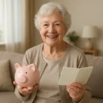 통장과 저금통을 들고 환하게 웃고 있는 어르신의 모습입니다.