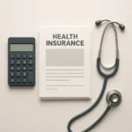 장기요양보험 본인부담금 계산을 상징하는 청진기와 계산기, 의료 문서가 놓여 있는 모습