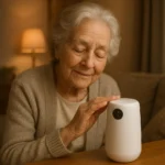 안심하고 생활하는 독거 시니어가 스마트 기기를 활용하여 안전을 확인하는 평온한 일상입니다.