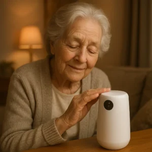 안심하고 생활하는 독거 시니어가 스마트 기기를 활용하여 안전을 확인하는 평온한 일상입니다.