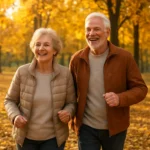 가벼운 재킷을 입은 건강한 시니어 부부가 단풍이 든 가을 공원을 활기차게 산책하는 모습